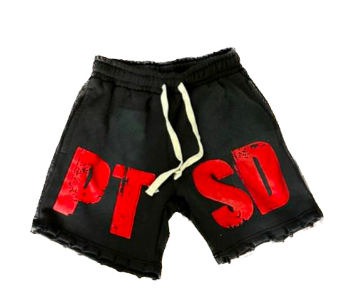 Black acidic washed shorts with bold red PTSD logo