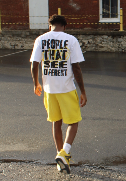 Black and yellow lettered people that see different T-shirt