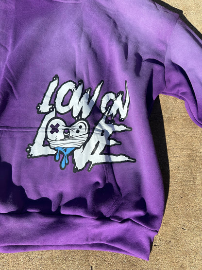 Acidic Washed Purple'Low on Love' Pullover Hoodie with Satin Hood"