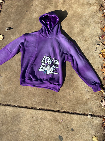 Acidic Washed Purple'Low on Love' Pullover Hoodie with Satin Hood"