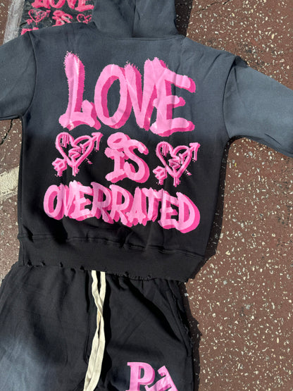 Black acidic washed love is overrated oversized fitted sweatsuit