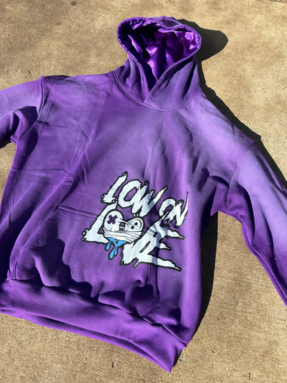 Acidic Washed Purple'Low on Love' Pullover Hoodie with Satin Hood"